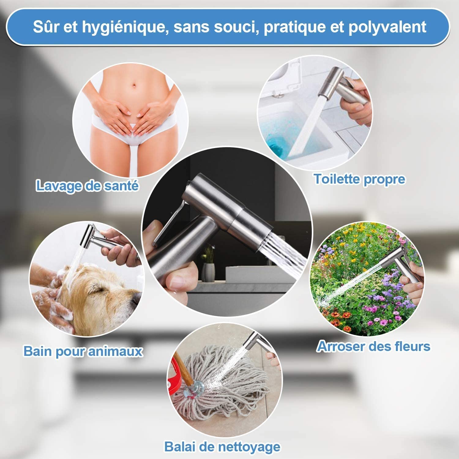 Rovtop Kit Douchette wc,Pomme de Douche Pour le Nettoyage de la Salle de Bain, Pulvérisateur pour L'hygiène Personnelle Quotidienne, Jeu de Tuyaux Mural (Argent) Rovtop Kit Douchette wc – Image 2