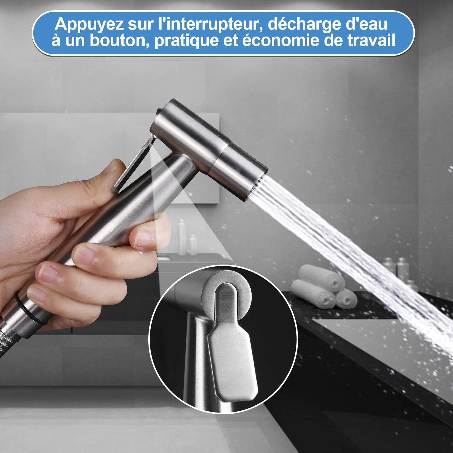 Rovtop Kit Douchette wc,Pomme de Douche Pour le Nettoyage de la Salle de Bain, Pulvérisateur pour L'hygiène Personnelle Quotidienne, Jeu de Tuyaux Mural (Argent) Rovtop Kit Douchette wc – Image 7
