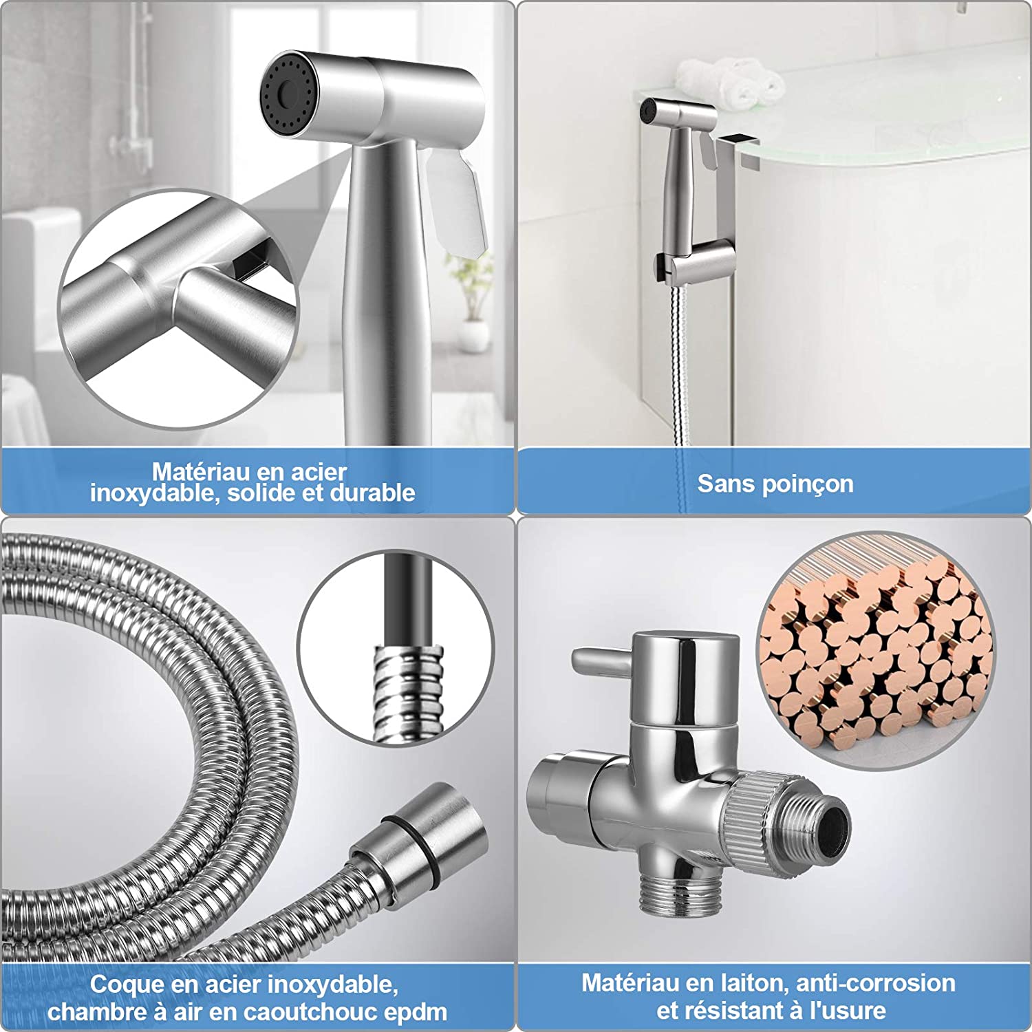 Rovtop Kit Douchette wc,Pomme de Douche Pour le Nettoyage de la Salle de Bain, Pulvérisateur pour L'hygiène Personnelle Quotidienne, Jeu de Tuyaux Mural (Argent) Rovtop Kit Douchette wc – Image 5